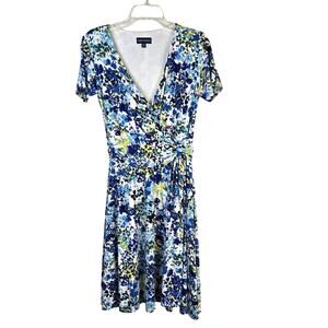 Travelsmith Dress Women's XS Blue Yellow Floral Faux Wrap Twist Waist Romantic